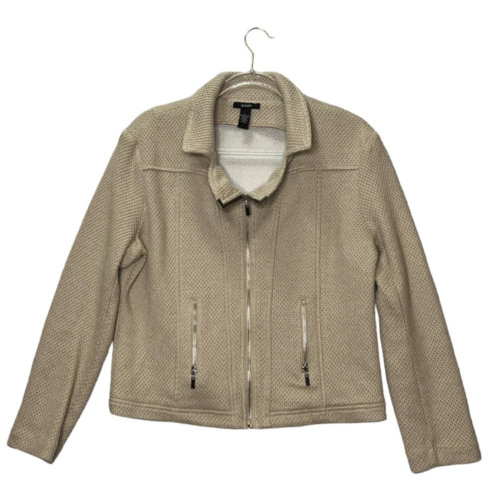 Alfani Jacket Mens Large Textured Knit Moto Beige Full Zip Pockets Notched Colla